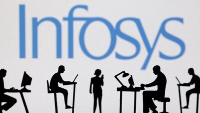 Figurines with computers and smartphones are seen in front of Infosys logo in this illustration. (Reuters)