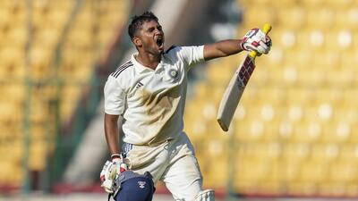 India B team player Musheer Khan celebrates his century during the first day of Duleep Trophy against India A in Bengaluru on Thursday. (PTI) India B team player Musheer Khan celebrates his century during the first day of Duleep Trophy against India A in Bengaluru on Thursday. (PTI)