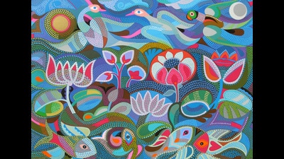 Jyoti Bhatt’s serigraph, Jal Thal Nabh, intertwines the elements of water, earth and sky. (PHOTOS: ARCHER ART GALLERY, AHMEDABAD) Jyoti Bhatt’s serigraph, Jal Thal Nabh, intertwines the elements of water, earth and sky. (PHOTOS: ARCHER ART GALLERY, AHMEDABAD)