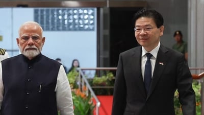 Prime Minister Narendra Modi with his Singapore counterpart Lawrence Wong during the latter's ceremonial reception, at Parliament House, in Singapore. (PTI) Prime Minister Narendra Modi with his Singapore counterpart Lawrence Wong during the latter's ceremonial reception, at Parliament House, in Singapore. (PTI)