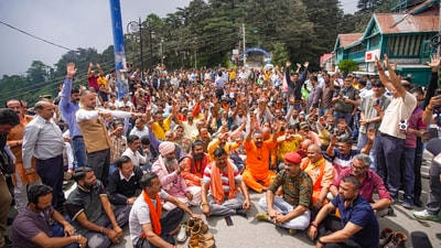 Shimla: People raise slogans during a protest against the alleged illegal construction of a mosque. (PTI) Shimla: People raise slogans during a protest against the alleged illegal construction of a mosque. (PTI)