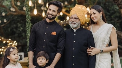 Pankaj Kapur, Mira Rajput and Shahid Kapoor pose with Misha, and Zain. Pankaj Kapur, Mira Rajput and Shahid Kapoor pose with Misha, and Zain.