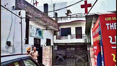 Police have beefed up security outside the church in Salem Tabri area in Ludhiana. (HT Photo) Police have beefed up security outside the church in Salem Tabri area in Ludhiana. (HT Photo)