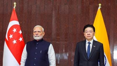 Prime Minister Narendra Modi with his Singapore counterpart Lawrence Wong at the Singapore Parliament House on Thursday. (ANI) Prime Minister Narendra Modi with his Singapore counterpart Lawrence Wong at the Singapore Parliament House on Thursday. (ANI)