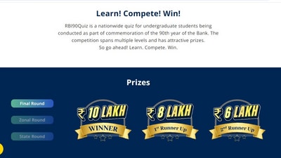 In line with the 90th anniversary celebrations, RBI is hosting a 'RBI 90 Quiz' competition wherein the first prize includes ₹10 lakh. (Photo Credit: screenshot/rbi.org.in) In line with the 90th anniversary celebrations, RBI is hosting a 'RBI 90 Quiz' competition wherein the first prize includes ₹10 lakh. (Photo Credit: screenshot/rbi.org.in)