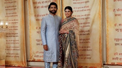 Cricketer Ravindra Jadeja and his wife Rivaba in Mumbai on July 14, 2024. (Reuters)