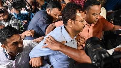 Sandip Ghosh being taken to Alipore judges district and session court in in Kolkata on Tuesday. (ANI) Sandip Ghosh being taken to Alipore judges district and session court in in Kolkata on Tuesday. (ANI)