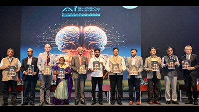 Telangana chief minister Revanth Reddy with State Minister Duddilla Sridhar Babu and other delegates at the inauguration of the AI Global Summit, at the HICC Convention Centre, in Hyderabad on Thursday. (ANI) Telangana chief minister Revanth Reddy with State Minister Duddilla Sridhar Babu and other delegates at the inauguration of the AI Global Summit, at the HICC Convention Centre, in Hyderabad on Thursday. (ANI)