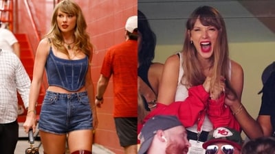Taylor Swift dazzles at NFL Kickoff game, sporting a chic denim outfit and red boots. (Pic- X, getty img) Taylor Swift dazzles at NFL Kickoff game, sporting a chic denim outfit and red boots. (Pic- X, getty img)