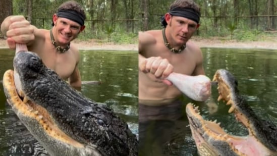 A viral video of a man fearlessly feeding a massive alligator with his bare hands has left the internet shocked. (Instagram/@gatorboys_chris)