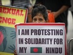 People representing various Hindu organizations seen protesting for the security of Hindu minorities in Bangladesh at Jantar Mantar in New Delhi on August 18. People representing various Hindu organizations seen protesting for the security of Hindu minorities in Bangladesh at Jantar Mantar in New Delhi on August 18.