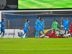 Hyderabad: Players of India and Mauritius during their Intercontinental Cup 2024 football match