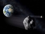 In this artistic rendering, two asteroids fly past Earth. In this artistic rendering, two asteroids fly past Earth.