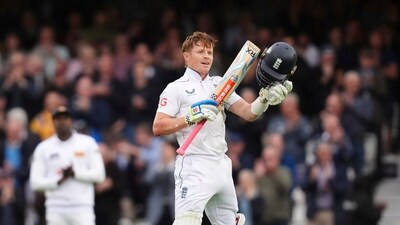 England's Ollie Pope celebrates reaching his century during day one of the Third Men's Test between England and Sri Lanka at The Oval, London, Friday Sept. 6, 2024. (AP) England's Ollie Pope celebrates reaching his century during day one of the Third Men's Test between England and Sri Lanka at The Oval, London, Friday Sept. 6, 2024. (AP)