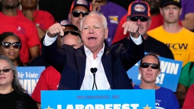 Democratic vice presidential nominee Minnesota Gov. Tim Walz speaks during a campaign stop at Laborfest Monday, Sept. 2, 2024, in Milwaukee. (AP) Democratic vice presidential nominee Minnesota Gov. Tim Walz speaks during a campaign stop at Laborfest Monday, Sept. 2, 2024, in Milwaukee. (AP)