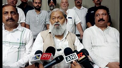 Former Haryana minister and BJP leader Anil Vij addresses a press conference in Ambala on Friday. (ANI)