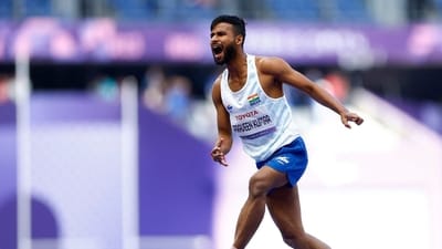 Praveen Kumar of India reacts during the men's high jump event at Paralympics (REUTERS)