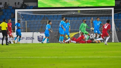 Hyderabad: Players of India and Mauritius during their Intercontinental Cup 2024 football match (PTI) Hyderabad: Players of India and Mauritius during their Intercontinental Cup 2024 football match (PTI)