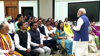 Prime Minister Narendra Modi meets educators who were conferred the National Teachers Awards in New Delhi on Friday. (ANI Photo) Prime Minister Narendra Modi meets educators who were conferred the National Teachers Awards in New Delhi on Friday. (ANI Photo)