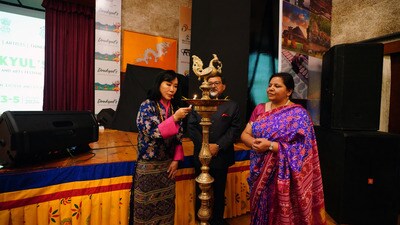 The Queen Mother of Bhutan, Gyalyum Ashi Dorji Wangmo Wangchuck lighting the inaugural lamp with Indian ambassador Sudhakar Dalela and his wife Namrata Dalela. (Courtesy Drukyul’s Literature and Arts Festival) The Queen Mother of Bhutan, Gyalyum Ashi Dorji Wangmo Wangchuck lighting the inaugural lamp with Indian ambassador Sudhakar Dalela and his wife Namrata Dalela. (Courtesy Drukyul’s Literature and Arts Festival)