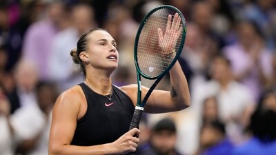 Aryna Sabalenka, of Belarus, reacts to the crowd after defeating Emma Navarro, of the United States (AP) Aryna Sabalenka, of Belarus, reacts to the crowd after defeating Emma Navarro, of the United States (AP)