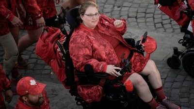 Canada's Alison Levine parades with her delegation during the Opening Ceremony for the 2024 Paralympics. (AP) Canada's Alison Levine parades with her delegation during the Opening Ceremony for the 2024 Paralympics. (AP)