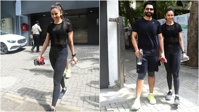 Rakul Preet Singh aced gym fashion in a stylish yet comfy all-black ensemble. The actor wore a see-through tee and sports bra with printed yoga pants. The paparazzi clicked her with her husband, Jackky Bhagnani. (HT Photo/Varinder Chawla) Rakul Preet Singh aced gym fashion in a stylish yet comfy all-black ensemble. The actor wore a see-through tee and sports bra with printed yoga pants. The paparazzi clicked her with her husband, Jackky Bhagnani. (HT Photo/Varinder Chawla)