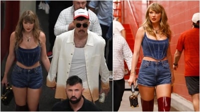 Taylor Swift supported her boyfriend, Travis Kelce, as the Kansas City Chiefs opened the NFL season against the Baltimore Ravens. Taylor rocked a denim-on-denim outfit at the games. She styled a denim corset top and shorts with stunning thigh-high red boots, her signature red lips, and a wavy blowout. Taylor Swift supported her boyfriend, Travis Kelce, as the Kansas City Chiefs opened the NFL season against the Baltimore Ravens. Taylor rocked a denim-on-denim outfit at the games. She styled a denim corset top and shorts with stunning thigh-high red boots, her signature red lips, and a wavy blowout. 