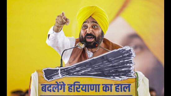 Punjab CM Bhagwant Mann addresses a public meeting at Kalayat assembly constituency in Kaithal, Haryana. (PTI)