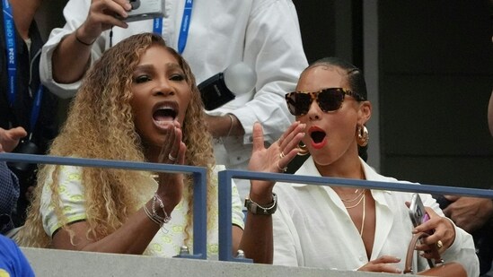 US Open 2024: Former US professional tennis player Serena Williams (L) and US musician Alicia Keys (R) watch Russia's Andrey Rublev and Bulgaria's Grigor Dimitrov.(AFP)
