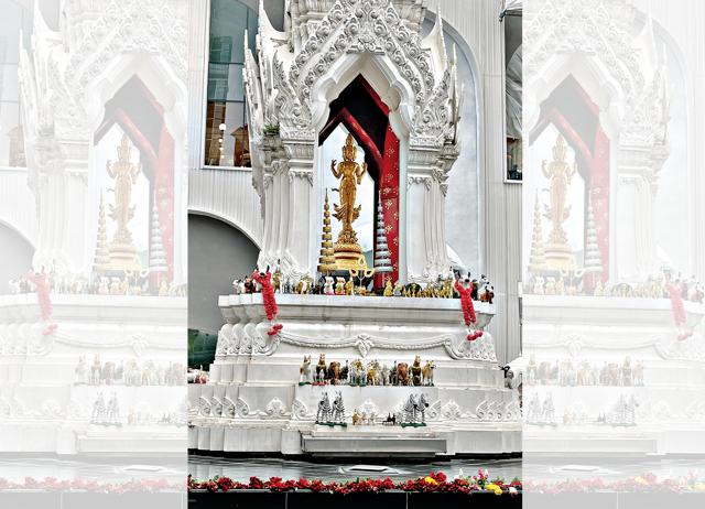The Trimurti shrine contains a replica of an ancient statue from Ayutthaya dedicated to the holy trinity of Hindu gods. The Trimurti shrine contains a replica of an ancient statue from Ayutthaya dedicated to the holy trinity of Hindu gods.