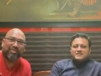 Mauris Noronha (left) with Uddhav Sena leader Abhishek Ghosalkar on a Facebook live on Thursday in which the Sena leader was shot by Noronha.