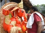 Shrawan Prajapati giving final touches to the idol