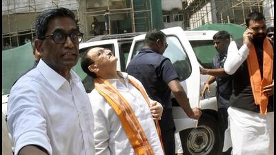BJP national president and Union Health Minister J P Nadda inspects the expansion work at Patna Medical College & Hospital in on Saturday. (HT photo)