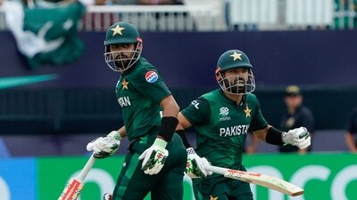 Pakistan's captain Babar Azam and Pakistan's Mohammad Rizwan run between the wickets. (AFP) Pakistan's captain Babar Azam and Pakistan's Mohammad Rizwan run between the wickets. (AFP)