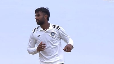 Manav Suthar celebrates a wicket. Manav Suthar celebrates a wicket.