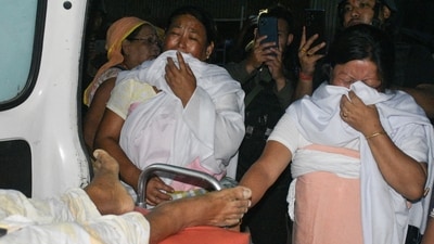 Family members of a person who was killed when a missile struck mourn at Moirang in Manipur on September 6, 2024. (REUTERS)