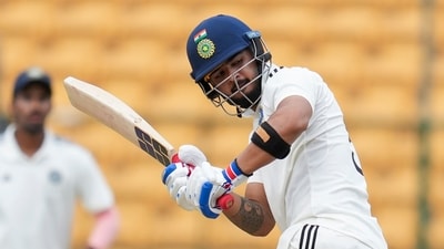 India A batter Riyan Parag plays a shot during the Duleep Trophy match against India B (PTI) India A batter Riyan Parag plays a shot during the Duleep Trophy match against India B (PTI)