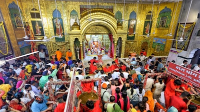 In Jaipur, devotees offered prayers at Moti Dungri Ganesh Temple on the eve of Ganesh Chaturthi on Friday. (PTI) In Jaipur, devotees offered prayers at Moti Dungri Ganesh Temple on the eve of Ganesh Chaturthi on Friday. (PTI)