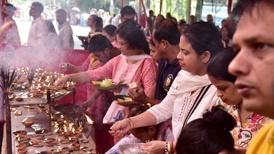 In Guwahati, devotees lit earthen lamps at Ganesh Mandir in Latashil on Saturday to celebrate Ganesh Chaturthi. This ten-day festival, starting on September 7 this year, begins on the fourth day of the Hindu lunisolar calendar month ‘Bhadrapada’. (PTI) In Guwahati, devotees lit earthen lamps at Ganesh Mandir in Latashil on Saturday to celebrate Ganesh Chaturthi. This ten-day festival, starting on September 7 this year, begins on the fourth day of the Hindu lunisolar calendar month ‘Bhadrapada’. (PTI)