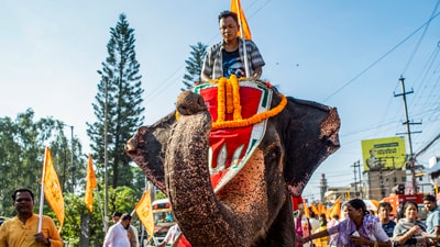 In Guwahati, devotees took part in an elephant procession to mark the Ganesh Chaturthi festival on Saturday. (PTI) In Guwahati, devotees took part in an elephant procession to mark the Ganesh Chaturthi festival on Saturday. (PTI)