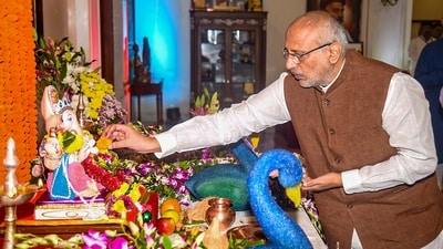 Maharashtra Governor CP Radhakrishnan performed a 'puja' in honor of Lord Ganesha at Raj Bhavan in Mumbai on Saturday. (PTI) Maharashtra Governor CP Radhakrishnan performed a 'puja' in honor of Lord Ganesha at Raj Bhavan in Mumbai on Saturday. (PTI)