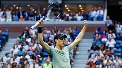 Sep 6, 2024; Flushing, NY, USA; Jannik Sinner of Italy in action against Jack Draper of Great Britain on day twelve of the U.S. Open (USA TODAY Sports via Reuters Con)