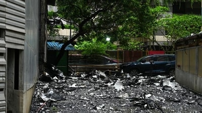 The fire brigade deployed around 50 personnel with breathing apparatus sets to access the offices, which had to be forcibly opened. The fire originated from a short circuit in the electric duct and eventually spread to the sixth and eighth floors. (Photo by Raju Shinde/ Hindustan Times) (Hindustan Times)