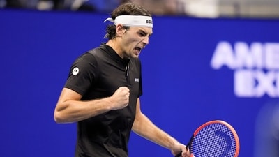 Taylor Fritz, of the United States, reacts after winning the fourth set against Frances Tiafoe, of the United States, during the men's singles semifinal of the U.S. Open tennis championships, Friday, Sept. 6, 2024, in New York. (AP Photo/Frank Franklin II) (AP) Taylor Fritz, of the United States, reacts after winning the fourth set against Frances Tiafoe, of the United States, during the men's singles semifinal of the U.S. Open tennis championships, Friday, Sept. 6, 2024, in New York. (AP Photo/Frank Franklin II) (AP)