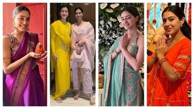 B-town dazzled as celebrities came together to celebrate Lord Ganesha. The stars dressed up in vibrant colors that set the tone for the festive season. From lehengas and sarees to simple suits, they dropped the ultimate inspiration for festive outfits. From Sharvari in a bright purple saree to Sara Ali Khan in a red anarkali, here are today's best-dressed stars. (Instagram) B-town dazzled as celebrities came together to celebrate Lord Ganesha. The stars dressed up in vibrant colors that set the tone for the festive season. From lehengas and sarees to simple suits, they dropped the ultimate inspiration for festive outfits. From Sharvari in a bright purple saree to Sara Ali Khan in a red anarkali, here are today's best-dressed stars. (Instagram)