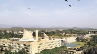 A bird’s eye view of the Punjab and Haryana Vidhan Sabha at the Capitol Complex in Sector 1 of Chandigarh, designed by Le Corbusier. (Sanjeev Sharma/HT) A bird’s eye view of the Punjab and Haryana Vidhan Sabha at the Capitol Complex in Sector 1 of Chandigarh, designed by Le Corbusier. (Sanjeev Sharma/HT)