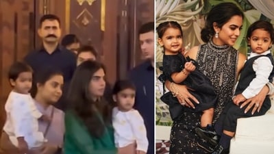 Isha Ambani waits for Antilia Cha Raja with her twins on the occasion of Ganesh Chaturthi. (Instagram ) Isha Ambani waits for Antilia Cha Raja with her twins on the occasion of Ganesh Chaturthi. (Instagram )