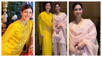 Gen Z stars Shanaya Kapoor and Khushi Kapoor wore simple and classy suits for the celebrations. Shanaya donned a yellow polka dot suit with shimmery sequins decorating the front, while Khushi Kapoor wore a light pink suit. (Instagram/filmygyan) Gen Z stars Shanaya Kapoor and Khushi Kapoor wore simple and classy suits for the celebrations. Shanaya donned a yellow polka dot suit with shimmery sequins decorating the front, while Khushi Kapoor wore a light pink suit. (Instagram/filmygyan)