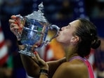 Aryna Sabalenka of Belarus poses with her trophy after the final of the women’s singles on day thirteen of the U.S. Open tennis tournament at the USTA Billie Jean King National Tennis Center.